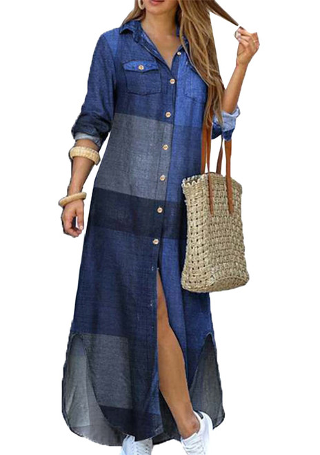 YMING Womens V Neck Long Sleeve Plaid Dresses Button Up Split Dress Simple Maxi Shirt Dress with Pockets Blue 3XL