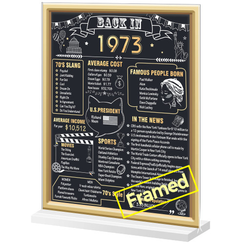Yoniko 50th Birthday Decorations Women Men Framed with Stand, 8x10 DOUBLE-SIDED Back in 1973 50th Birthday Cards, Vintage Table Decor for 50th Anniversary,1973 Party Supply, 50th Birthday Gifts, Gold