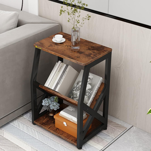 YQ JENMW Small Side Table with Magazine Holder,3 Tier Narrow End Table with Storage Shelf,Slim Side Table Nightstand for Small Spaces Sofa Side Table for Living Room,Small Bedside Table