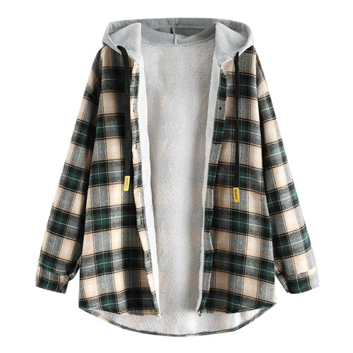 ZAFUL Women's Plaid Fleece Lined Hooded Jacket Button Up Oversized Fuzzy Coat Checkered Flannel Hoodie Jacket