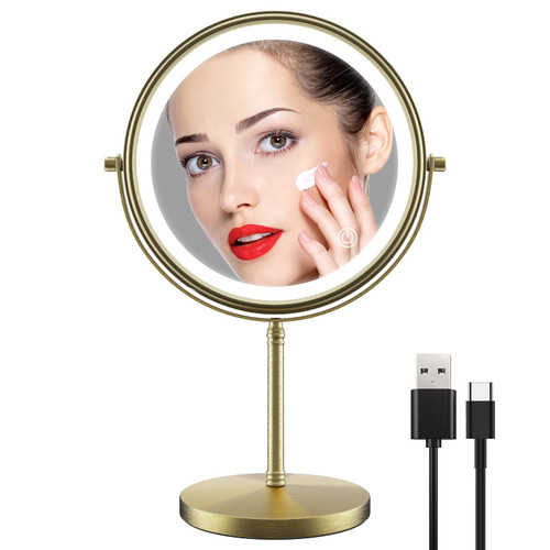 zelaxy 8 Inch Makeup Vanity Mirror with Lights, Rechargeable Double Sided 1X 10X Magnifying Mirror, Lighted Makeup Mirror with 3 Color Lighting, Touch Sensor Dimming, Brightness Adjustable (Bronze)