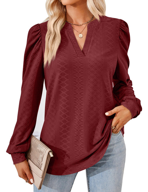 ZILIN Womens Business Casual Tops,V Neck Long Sleeve Work Shirts Loose Fit Tunic Blouses Wine Red M
