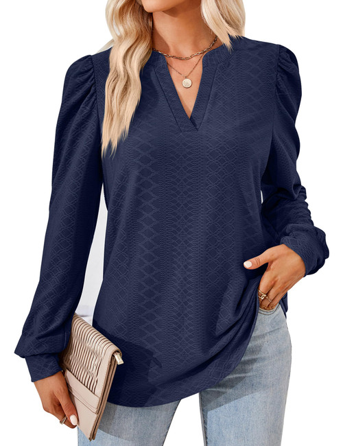 ZILIN Women's Long Sleeve Tops Eyelet Casual Loose Blouses T Shirts V Neck Work Shirts Navy XXL