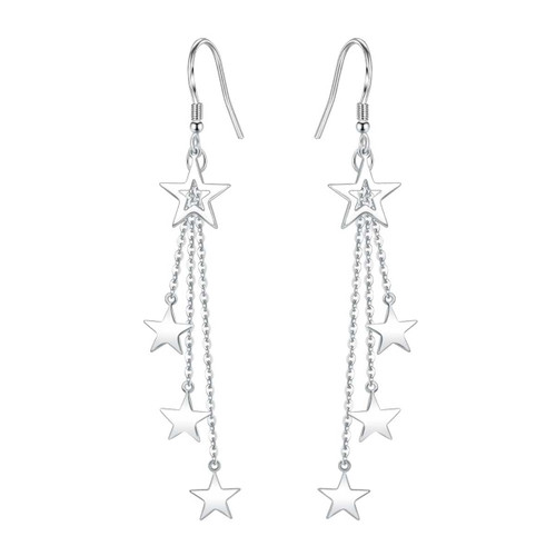 Temperament Long Star Tassel Drop Dangle Earrings for Women Five-Pointed Star Stud Earrings for Girls Shiny Starlight Hollow Star Earrings (Silver)