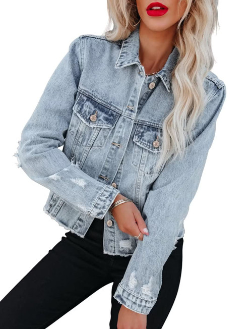 ZOLUCKY Womens Denim Jacket Long Sleeve Cropped Jean Jacket Distressed Frayed Raw Hem Ripped Denim Jacket with Pockets, Light Blue Small