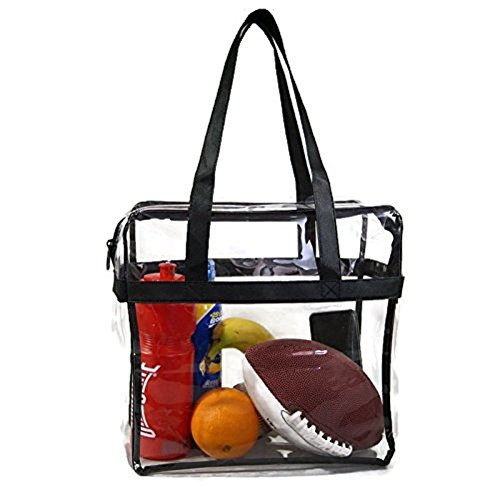 EliteBags Deluxe Clear Tote Bag w/Zipper, NFL Stadium Approved Security Bag, 12x12x6, Clear Vinyl, Shoulder Straps, Heavy Duty (Black)