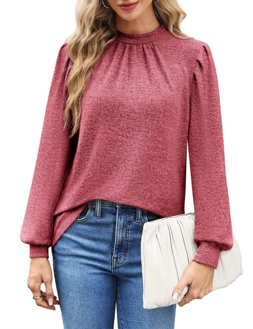 Oversized T Shirts for Women 2023 Puff Long Sleeve Fall Tops Mock Neck Loose Dressy Blouses Wine XL