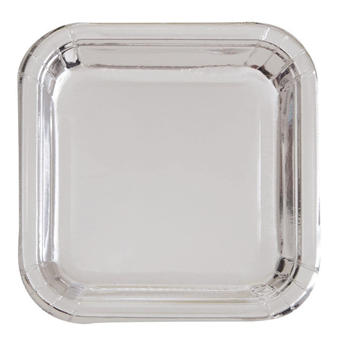 Unique Foil Square Dessert Paper Plates, 7" x 7", Silver