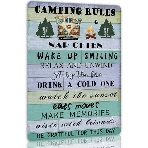 Camper Camping Rules Sign-Funny Camping Themed Decor Metal Tin Signs,RV Decorations for Inside Camper,Camping Signs for Campsite 8x12inch