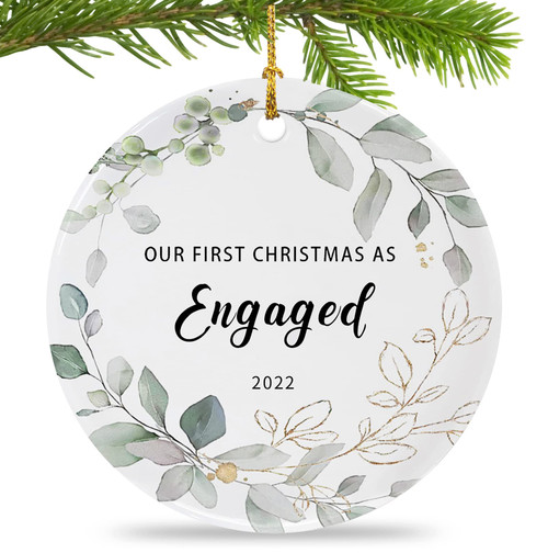 Our First Christmas Engaged Ornaments 2022, Newlyweds' First Christmas Hanging Christmas Wedding Decoration,1st Wedding,Engagement Christmas Ornament -2.9" Circle Ceramic Ornament?Engaged?