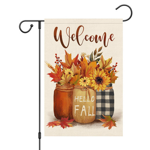 Louise Maelys Fall Floral Garden Flag 12x18 Double Sided, Small Burlap Welcome Autumn Mason Jar Maple Leaves Garden Flag Fall Thanksgiving Outside Outdoor House Yard Decoration (ONLY FLAG)