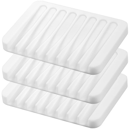 3PCS Self Draining Soap Holder, Premium Silicone Soap Dish, Soap Saver for Shower, Bathroom, Kitchen, Bath Tub, Sponges,Keep Soap Bars Dry Clean,Easy Clean,Extend Soap Life (White)