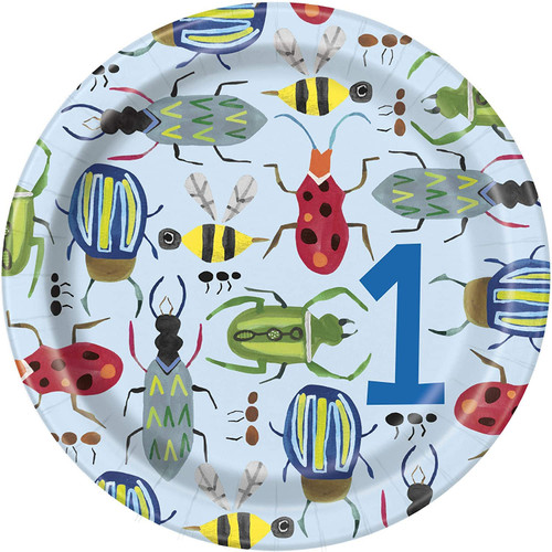 Unique Bug 1st Birthday Round Paper Plates - 7" | Blue | 8 Pcs