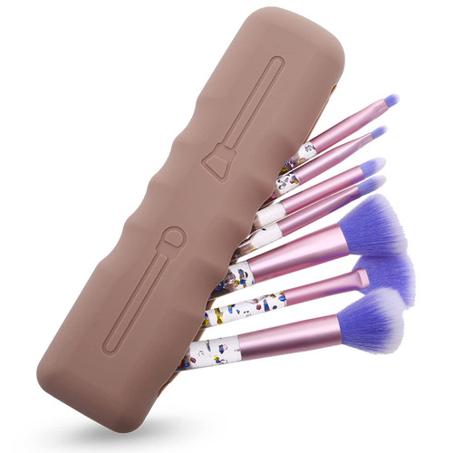 WLLHYF Silicone Makeup Brush Holder, Travel Makeup Brush Holder Trendy Cosmetic Face Brushes Holder Portable Make Up Brush Case Bag Makeup Tools Organizer for Travel (Brown)