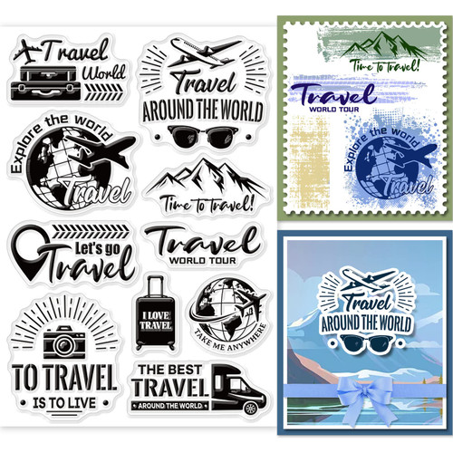 GLOBLELAND Travel Text Clear Stamps for DIY Scrapbooking Travel Around The World Silicone Clear Stamp Seals for Cards Making Photo Album Journal Home Decoration