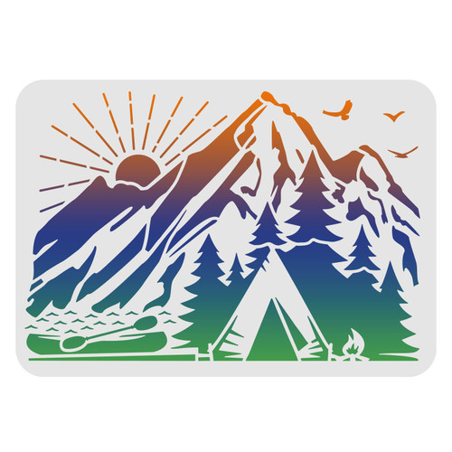 FINGERINSPIRE Camp Stencils 11.7x8.3 inch Plastic Mountains View Tent Boat Pine Tree Drawing Painting Stencils River Sun Pattern Stencils Reusable Stencils for Painting on Wood, Floor, Wall and Tile