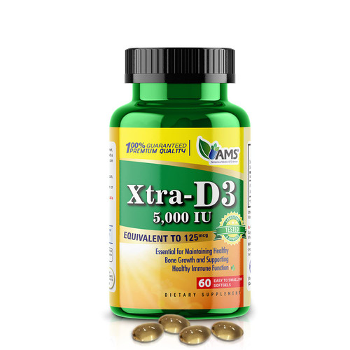 America Medic & Science Xtra D3 Vitamin D 5,000 IU (125 mcg) Cholecalciferol Supplement for Men & Women (60 Easy to Swallow Softgels) Best for Bone, Heart Health, Immune System Support, Lung Function America Medic & Science Xtra D3 Vitamin D 5,000 IU (125 mcg) Cholecalciferol Supplement for Men & Women (60 Easy to Swallow Softgels) Best for Bone, Heart Health, Immune System Support, Lung Function