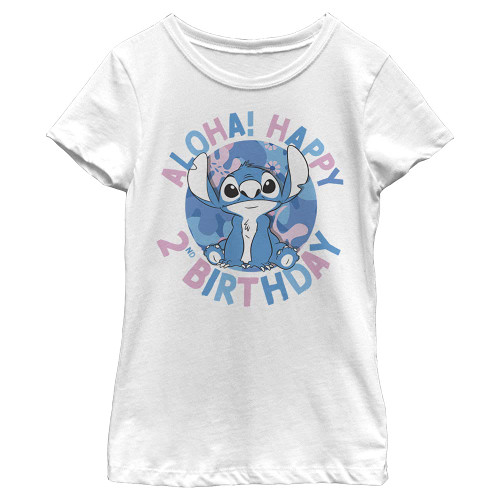 Disney Lilo & Stitch Stitch 2nd Birthday Girl's Solid Crew Tee, White, Medium
