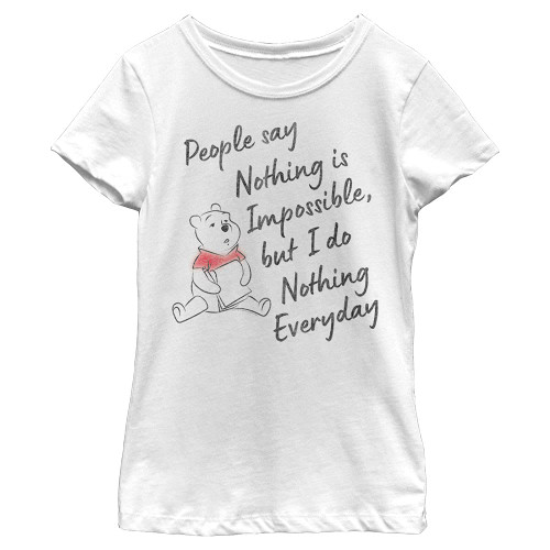 Disney Winnie The Pooh Nothing is Impossible Girl's Solid Crew Tee, White, X-Large
