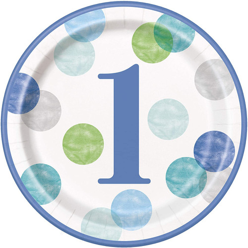 Dots 1st Birthday Round Paper Dinner Plates - 9" | Blue | 8 Pcs