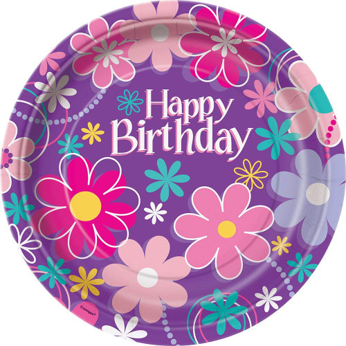 Unique Birthday Blossoms Round Dinner Paper Plates, 9", Multicolor