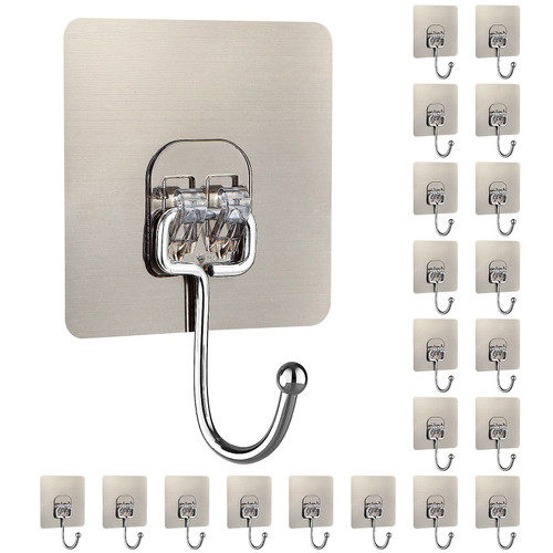 Eirpde Wall Hooks Heavy Duty 15lb (Max) 20-Pack, All-Purpose Large Adhesive Hooks, Waterproof and Oilproof, Nail Free Stainless Hooks, Reusable Seamless Hooks for Bathroom Kitchen