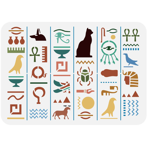 FINGERINSPIRE Egyptian Hieroglyph Stencil Template 11.7x8.3 inch Egyptian Template Plastic Cat Bired Beetle Pattern Painting Stencil Reusable DIY Decor Stencil for Painting on Wood, Floor, Wall