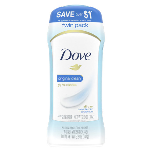 Dove Invisible Solid Antiperspirant Deodorant Stick for Women, Original Clean, For All Day Underarm Sweat & Odor Protection 2.6 oz, 2 Count