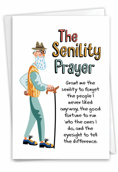 NobleWorks - 1 Funny Happy Birthday Notecard - Old Man Humor Greeting Card with Envelope - Man's Senility Prayer C9348BDG