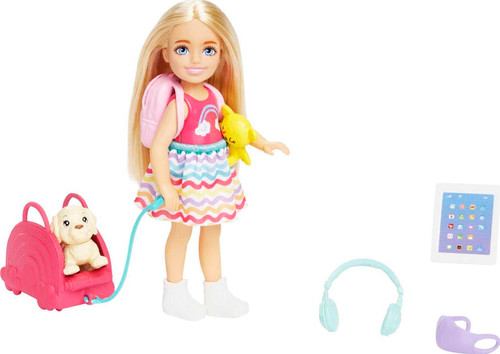 Barbie Chelsea Doll & 6 Accessories, Travel Set with Puppy, Pet Carrier & Backpack that Opens & Closes, Blonde Small Doll Barbie Chelsea Doll & 6 Accessories, Travel Set with Puppy, Pet Carrier & Backpack that Opens & Closes, Blonde Small Doll