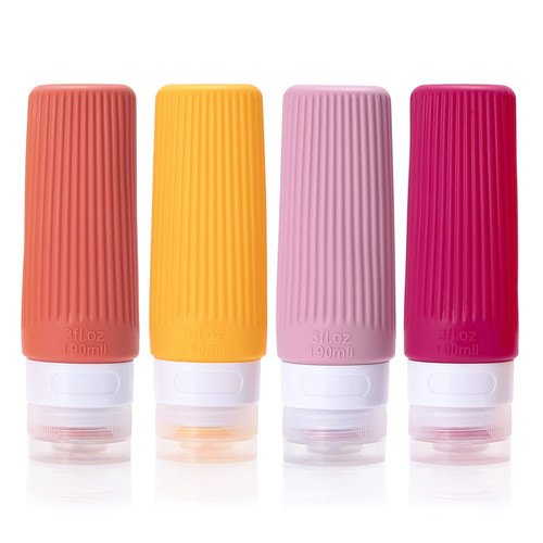 Silicone Travel Bottles for Toiletries,BPA Free,3 oz Leak Proof Refillable Portable Squeeze Empty Accessories Travel Size Liquid Cosmetic Lotion Shampoo Conditioner Bottles Containers 4 Pack Rose