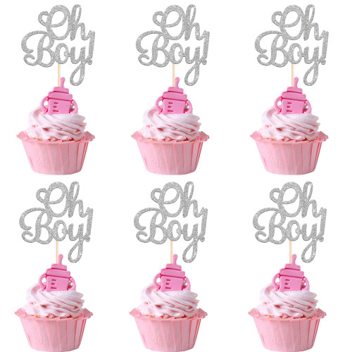 24 PCS Oh Boy Cupcake Toppers Glitter Baby Shower Oh Boy Cupcake Picks for Gender Reveal Baby Shower Kids Boys Birthday Party Cake Decorations Supplies Silver