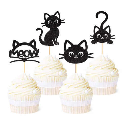 Ercadio 24 Pack Cat Cupcake Toppers Black Glitter Cat Meow Cupcake Picks Kitten Cat Cake Toppers Kitten Pet Cat Cupcake Toppers for Cat Theme Birthday Baby Shower Party Cake Supplies
