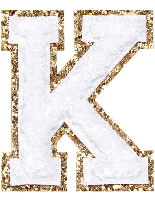 3Pcs Chenille Letter Patches Iron on Patches Glitter Varsity Letter Patches Embroidered Patch Gold Border Sew On Patches for Clothing Hat Shirt Bag (White, K)