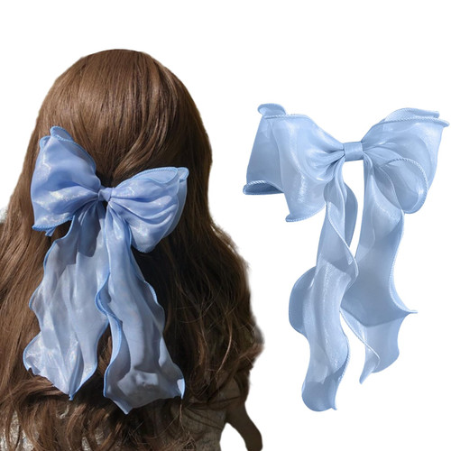 papasgix Hair Bows for Women Girls, Big Hair Bow Clips Solid Color Long Silk Ribbon Bow Hair Clip Super Fairy Silk Hair Bows Ribbon for Women Girls (Blue)