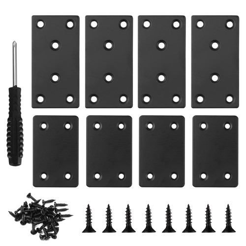 Flat Mending Plates, 8 Pcs Black Metal Flat Straight Mending Plates, Joining Fixing Brackets, Flat Fixing Corner Brace Plates for Wood, Shelves, Furniture, with 40 Pcs Screws, Screwdriver