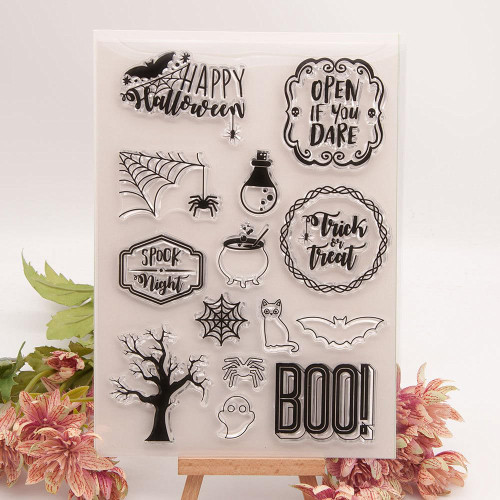 Halloween Spider Web Clear Stamps for Card Making Decoration DIY Scrapbooking,Cat Tree Bat Ghost Boo Silicone Transparent Seal Clear Stamps for Embossing Album Decor Craft.