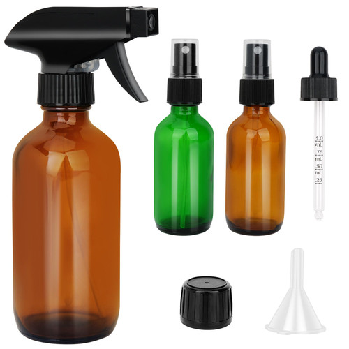 Hachacha Amber Glass Spray Bottles - 8.4oz Refillable Bottle for Essential Oils, Plants, Cleaning Solutions, Hair Mister, Adjustable Nozzle with Glass Misters 2oz per Unit, Funnel, Dropper