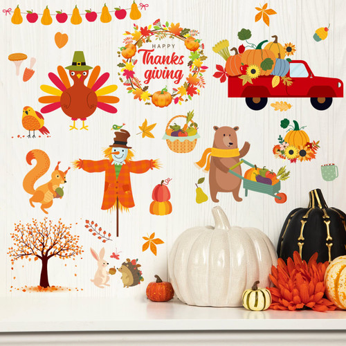 77 Pieces Fall Thanksgiving Wall Stickers Maple Leaves Wall Decals Autumn Pumpkin Window Clings Orange Truck Turkey Squirrel Wall Art Decor for Thanksgiving Fall Party Home Office Decoration