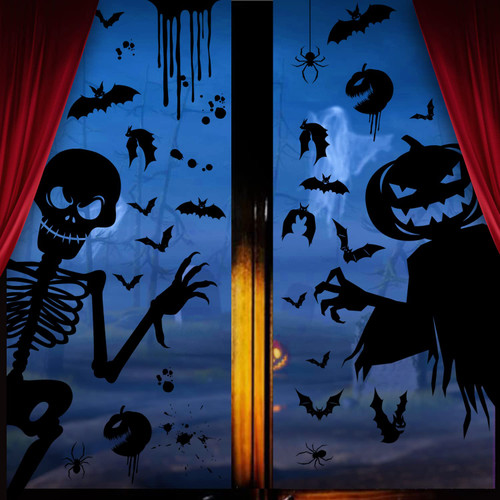 Halloween Window Clings Sticker Decorations: Double-Side Removable Window Stickers, Witch Spider Bat Skeleton Ghost Silhouette Window Decals for Halloween Party Decoration (2 Sheet)