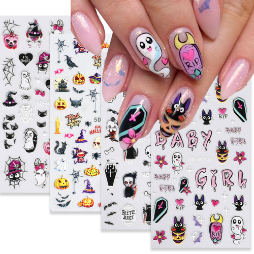 Halloween Nail Art Stickers Pink Pumpkin Nail Art Decals 5d Embossed Ghost Skull Nail Supplies Self-Adhesive Spider Web Designs Nail Stickers for Women Girls DIY Manicure Nail Decorations 4 Sheets