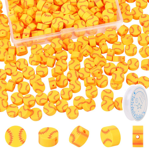 CCOZN 100 Pcs Baseball Beads for Jewelry Making, Sports Polymer Clay Beads Bulk with Box, 10mm Baseball Softball Beads Charms,Sports Ball Spacer Beads for DIY Crafts Bracelet Yellow