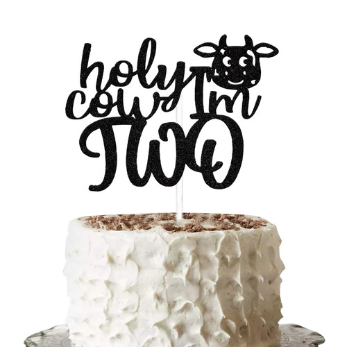 Holy Cow I'm Two Cake Topper Black Glitter, Cow Cake Topper, Holy Cow I'm Two Birthday Decorations, 2nd Birthday Decorations, Cow 2 Cake Topper, Cow Themed Two Year Old Birthday Party Decorations