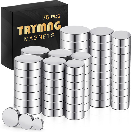 TRYMAG Small Magnets, 75Pcs Tiny Rare Earth Magnets, 3 Different Size, Strong Neodymium Magnets Round Refrigerator Magnets for Crafts, Whiteboard, Billboard, Hobbies, Office, Round Button Magnets