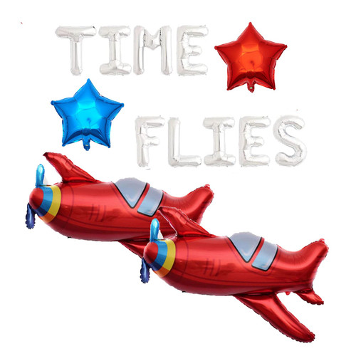 Large Red Airplane Foil Balloons Time Flies Balloons for Birthday Baby Shower Themed Boys Girls Kids 1st 2nd 3rd Themed Party Decorations Supplies