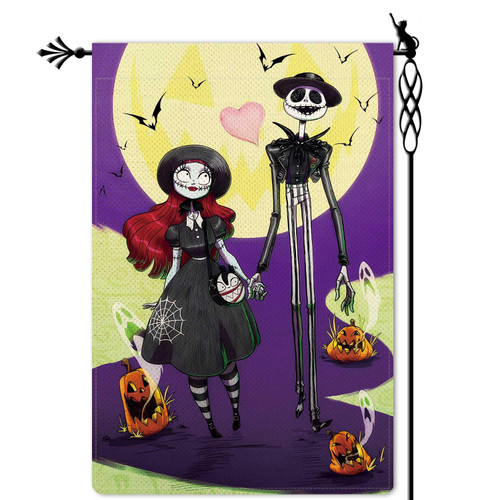 Jauageon Halloween Ghost Garden Flag The Nightmare Garden Flag Sally & Jack Vertical Double Sided Rustic Farmland Burlap Yard Lawn Outdoor Decor 12.5x18"