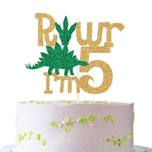 Dinosaur Happy 5th Birthday Cake Topper, Rawr I'm 5 Cake Decor, Five Rex, Glittery Dinosaur Themed 5th Birthday Party Decorations Supplies for Boys or Girls