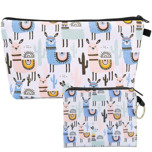 Small Makeup Bag for Women 2Pcs Cute Makeup Pouch with Coin Purse Aesthetic Cosmetic Bag Travel Toiletry Bag Waterproof Makeup Bag Portable Zipper Pouch(Alpaca)