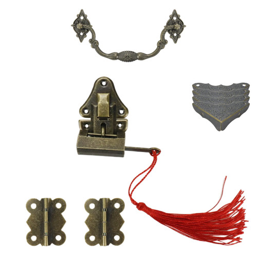 Faotup 1SET Bronze Antique Lock Latch Hasp Hinges Handle Box Corner Protectors Kit,Including Lock, Latch Hasps, Pulls Handles, Hinges and Box Corner Protectors