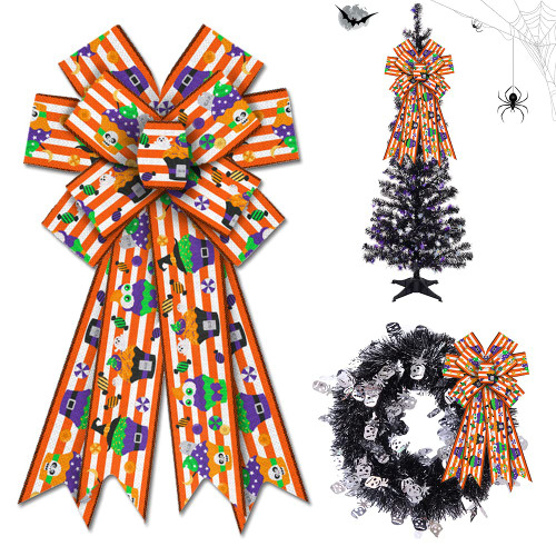 Estivaux Large Halloween Bows for Wreath, Halloween Candy Wreath Bows Orange Stripes Burlap Bows Trick or Treat Bows Holiday Tree Topper Bows for Front Door Halloween Party Decorations